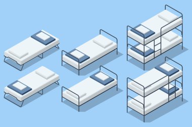 Ranzaları ve bölümleri olan Isome mülteci kampı iç kısımları, yerlerinden edilen insanlar için kriz durumlarında geçici konutlar gösteriyor. Geçici barınak için mülteci kampı yatakları ve ranzaları