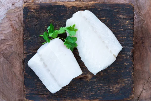 Row Cod Fillets Woode Board Top View — Stock Photo, Image