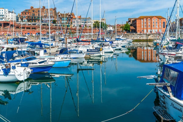 RAMSGATE, KENT, UK - JUNE 03, 2018: Ramsgates Royal Harbour Marina which belongs to Thanet District Council, was developed in 1976 and offers 700 moorings in a picturesque and historic setting.