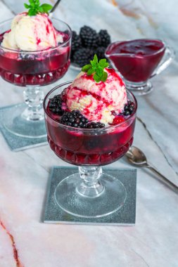Vanilyalı Dondurma Tatlı Erik ve blackberry şurubu ve taze meyve