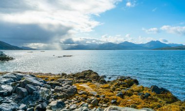 Fiyort Tromso üzerinden Tromsoya, Norveç adada panoramik