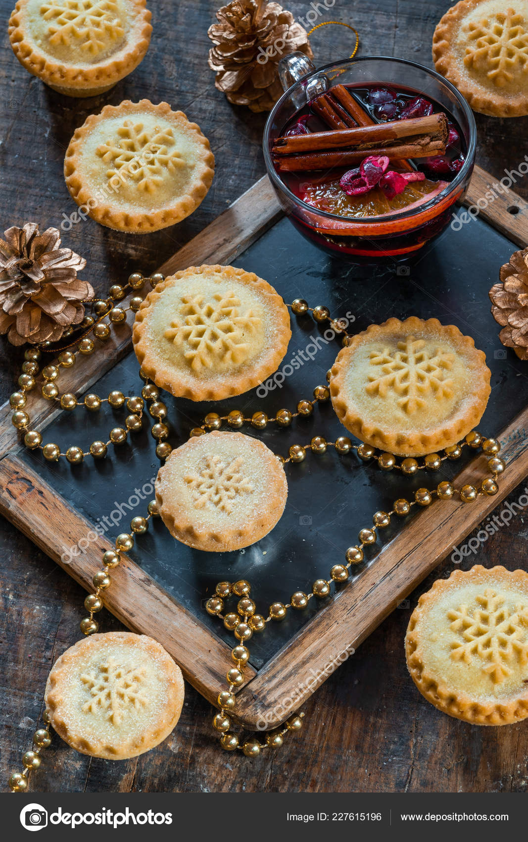 Traditional Christmas Mince Pies Mulled Wine Wooden Table High Angle Stock Photo By C Rubinowadama 227615196