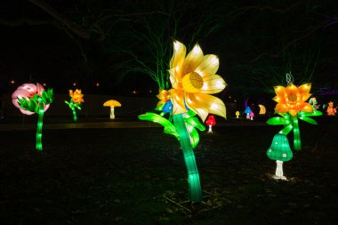 Londra, İngiltere - 09 Aralık 2018: Londra'nın yeni lantern Festivali Southwark Park özellikleri üzerinde her iki alis harikalar ve ayna aracılığıyla hikayesini anlatan 160 dev fenerler