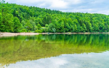 Yukarı Avusturya'daki Nussensee gölü, Salzkammergut'taki Bad Ischl yakınlarında geniş panoramik manzara.