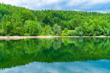 Yukarı Avusturya'daki Nussensee gölü, Salzkammergut'taki Bad Ischl yakınlarında geniş panoramik manzara.