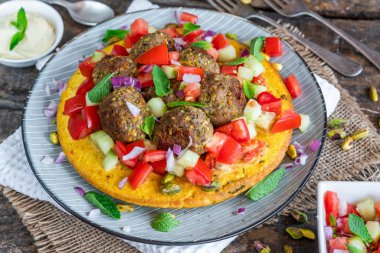 Antep fıstığı kuzu köfte ve domates sambal ile curried nohut kek