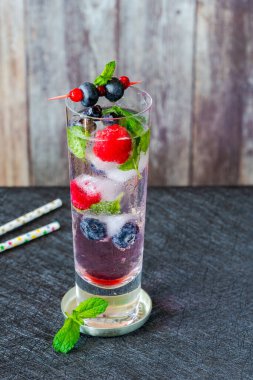 Meyve buzlu cin ve tonik kokteyli ve nane ferahlatıcı yaz alkollü içecek fikri.