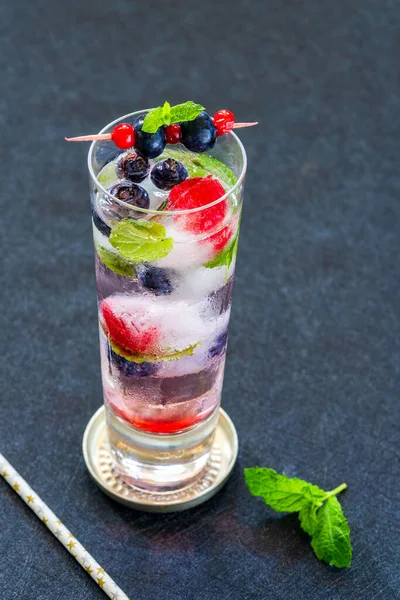 Gin Tonic Koktejl Kostkami Ovocného Ledu Mátou Osvěžující Letní Alkoholický — Stock fotografie