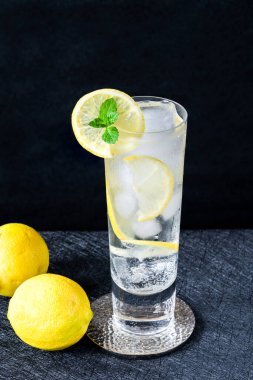 Limonlu ve buzlu su bir dilim limon ve koyu arkaplanda nane ile süslenir. Soğuk, alkolsüz bir içecek.
