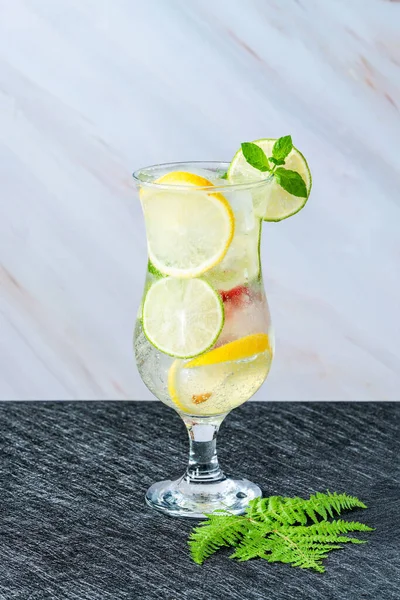 Limonade Mit Fruchtigen Eiswürfeln Und Minze Erfrischendes Alkoholfreies Sommergetränk — Stockfoto