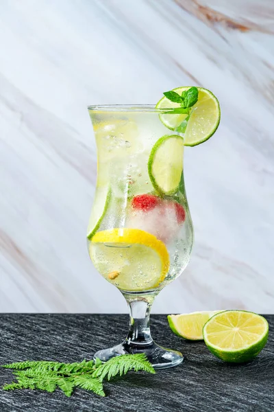 Limonade Mit Fruchtigen Eiswürfeln Und Minze Erfrischendes Alkoholfreies Sommergetränk — Stockfoto