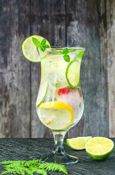 Limonade Mit Fruchtigen Eiswürfeln Und Minze Erfrischendes Alkoholfreies Sommergetränk — Stockfoto