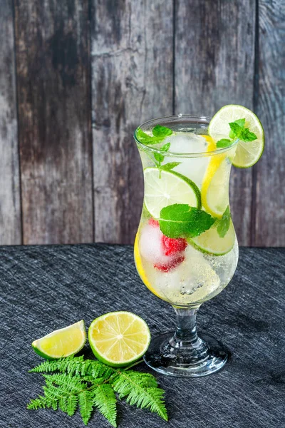 Limonade Mit Fruchtigen Eiswürfeln Und Minze Erfrischendes Alkoholfreies Sommergetränk — Stockfoto