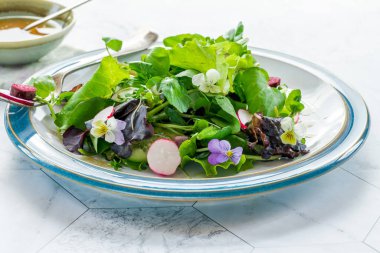 Turplu yeşil yaprak salatası, salatalık ve bol balzamik soslu - sağlıklı yemek.