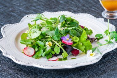 Turplu yeşil yaprak salatası, salatalık ve bol balzamik soslu - sağlıklı yemek.