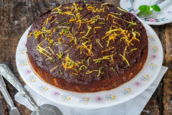 Oranje Maanzaad Cake Met Chocolade Ganache — Stockfoto