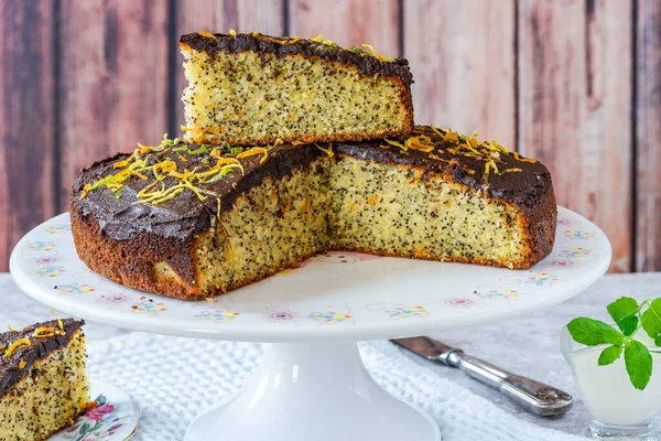 Orangen Mohn Kuchen Mit Schokoladen Ganache — Stockfoto