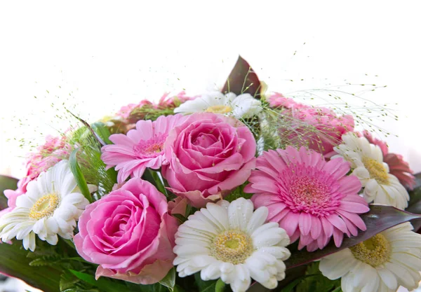 Bouquet Pink Roses Gerberas White Background — Stock Photo, Image