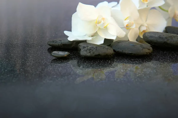 Vita orkidéer blommor och spa stenar. Spa bakgrund. — Stockfoto