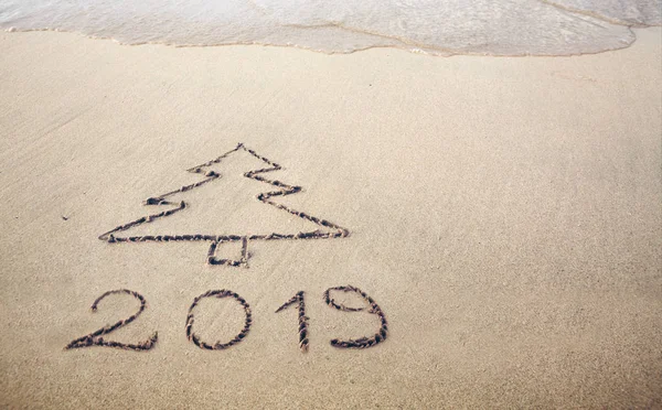 Encaixe o desenho da árvore na areia. Texto 2019 em uma areia de praia caribenha . — Fotografia de Stock
