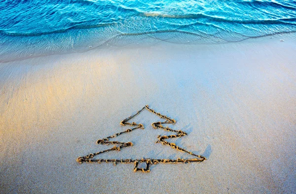 Ялинка, що малює на піску біля моря. Різдвяний фон . — стокове фото