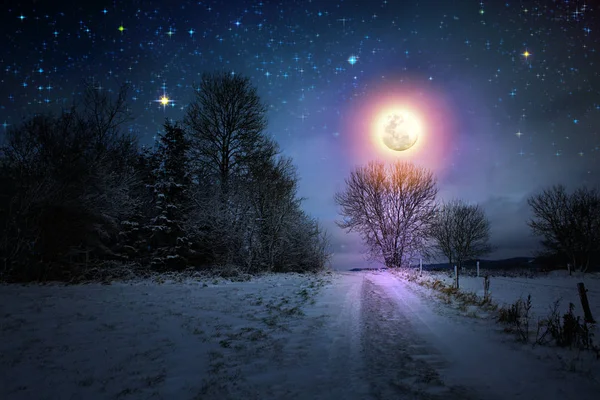 Paesaggio invernale con alberi innevati e luna piena . — Foto Stock