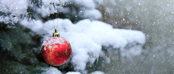 Kerstbal hangend aan een Fir Tree Branch. Kerstachtergrond. — Stockfoto