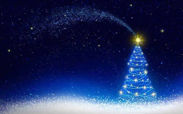 Christmas tree and blue star sky. Christmas background. — Stock Photo, Image