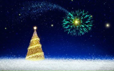 Altın Noel ağacı ve yıldızlı gökyüzü üzerinde havai fişek. Noel arka plan.