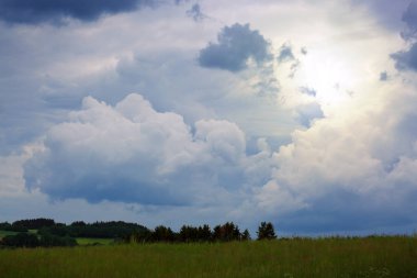 Gri yağmurlu gökyüzü ve yaz alan. Doğa arka plan.