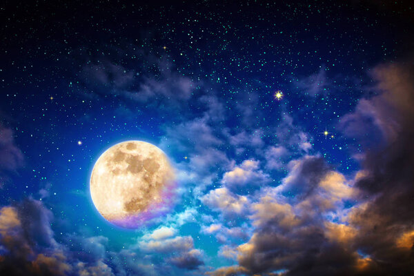 Universe filled with stars and big clouds . Nature nights background with full moon.