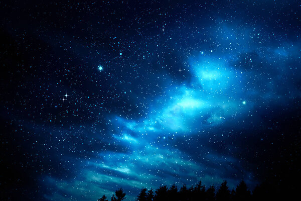 Universe filled with stars and big clouds . Nature nights background with trees.