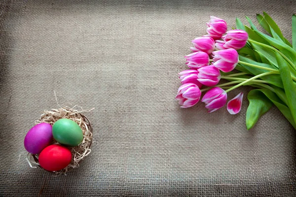 Uova di Pasqua nel nido e tulipani rosa. — Foto Stock