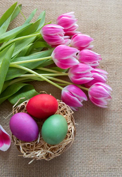 Uova di Pasqua nel nido e tulipani rosa. — Foto Stock