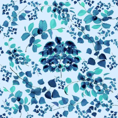 Mavi ağaç yaprakları ve dalları üzerinde izole mavi arka plan benzin kümesi.