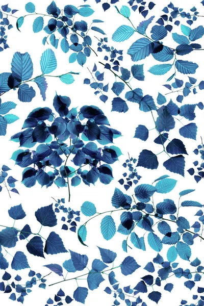 Set of petrol blue tree leaves and branches isolated on blue background.