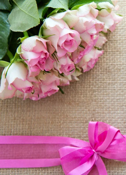 Roze rozen en lus geïsoleerd op bruin doek achtergrond. — Stockfoto