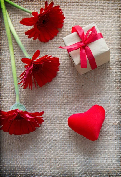 Red gerberas and present isolated on a cloth background. — Stock Photo, Image