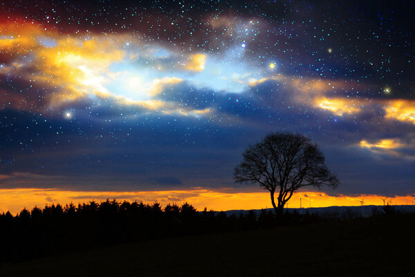 Silhouettes of tree with stars sky and big clouds background.