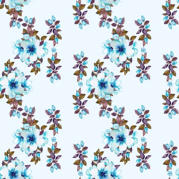 Akwarela kwiaty kwiaty izolowane na niebieskim tle. Płynne tło wzoru. — Zdjęcie stockowe