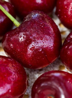Büyük kırmızı kirazları su damlalarıyla kapatın..