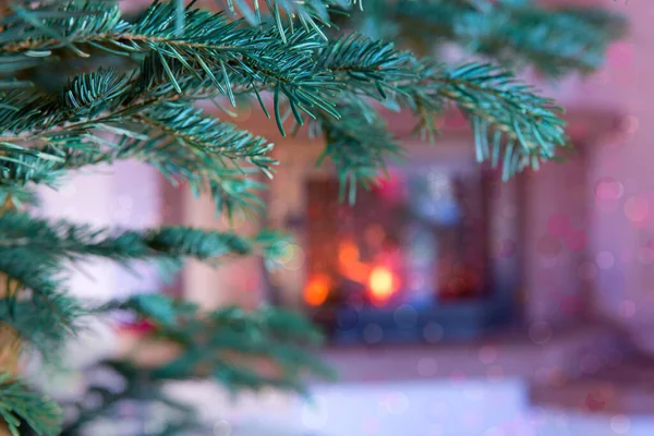 Árbol de abeto verde de Navidad contra una chimenea de piedra. —  Fotos de Stock