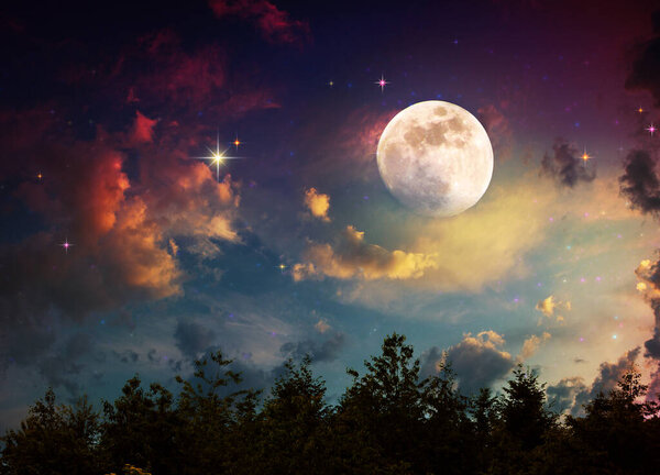 Blue abstract sky background with stars and full moon.
