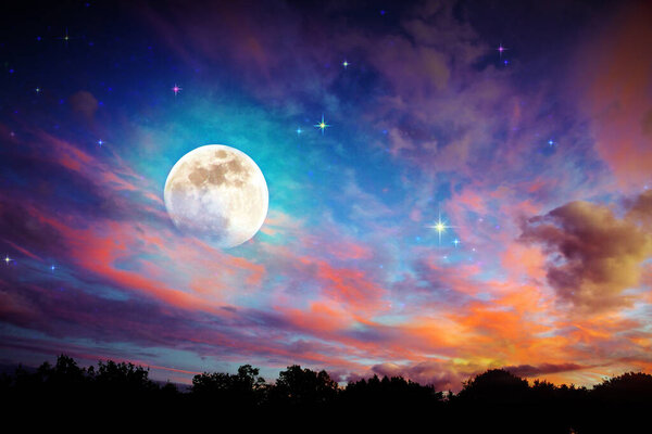 Blue abstract sky background with stars and full moon.