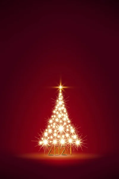 Árvore de Natal isolada no fundo vermelho. Ano Novo 2021 Cartão. — Fotografia de Stock