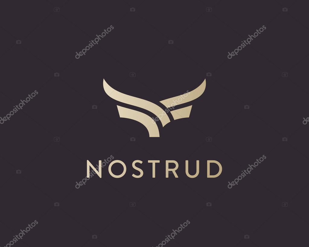 Abstract cow steak premium logo design. Creative bull horns line icon symbol. Luxury wings bird logotype