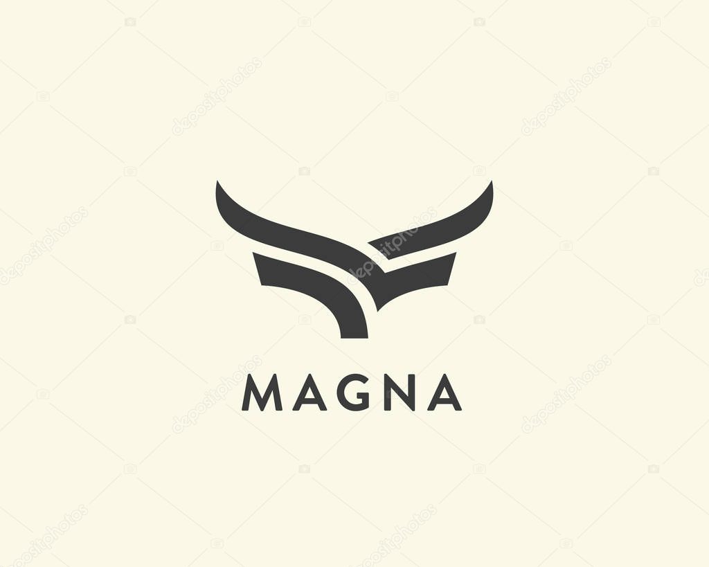 Abstract cow steak premium logo design. Creative bull horns line icon symbol. Luxury wings bird logotype