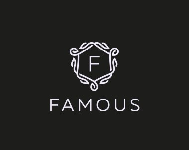 Sigorta primi doğrusal kalkan monogram F harfi logo. Zarif taç yaprak damga simge vektör logosu. Lüks alfabe çerçeve sembolü.