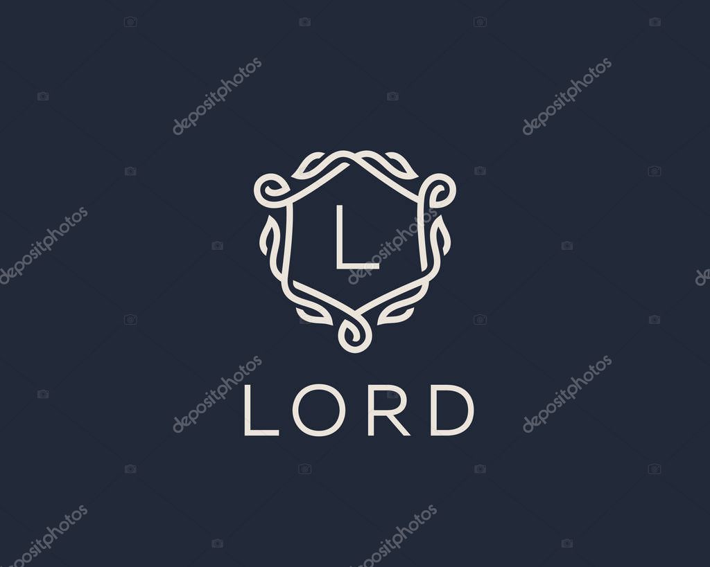 Premium linear shield monogram letter L logotype. Elegant crest leaf stamp icon vector logo. Luxury alphabet frame symbol