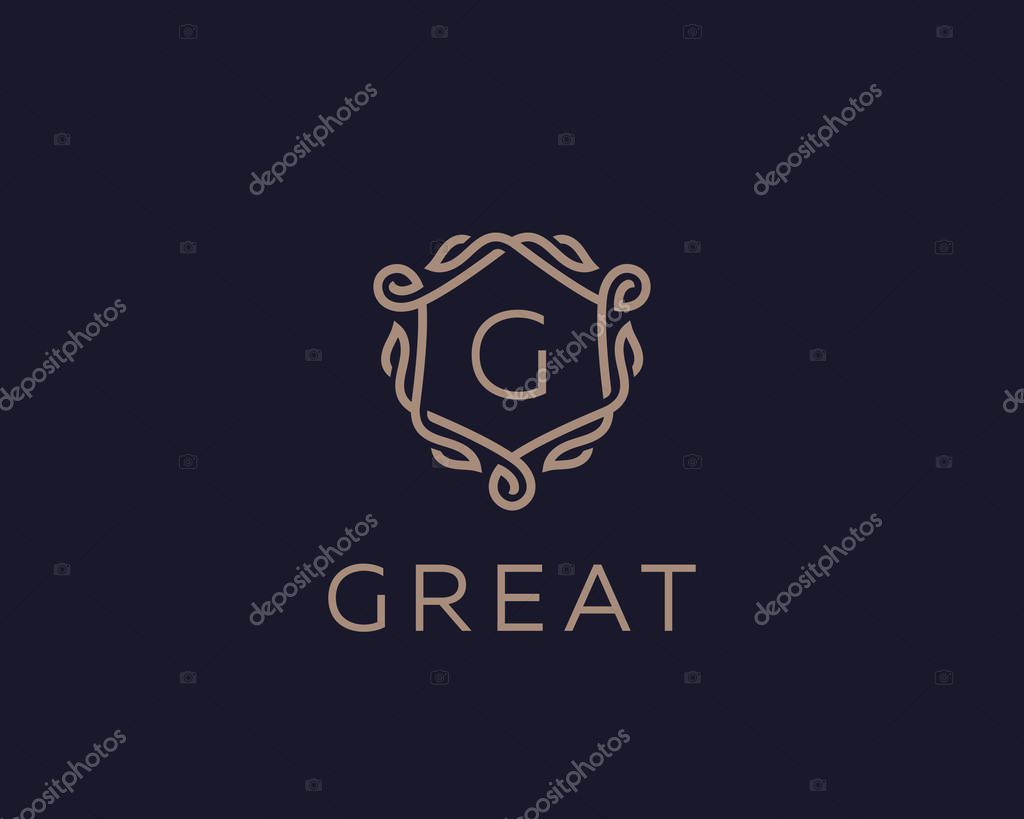 Premium linear shield monogram letter G logotype. Elegant crest leaf stamp icon vector logo. Luxury alphabet frame symbol
